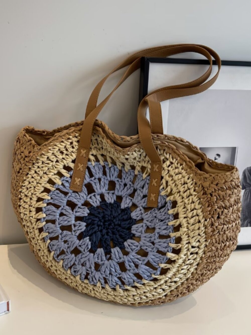 Boho Crochet Raffia Straw Tote Shoulder Bag Tan Blue Round Granny Square Lined